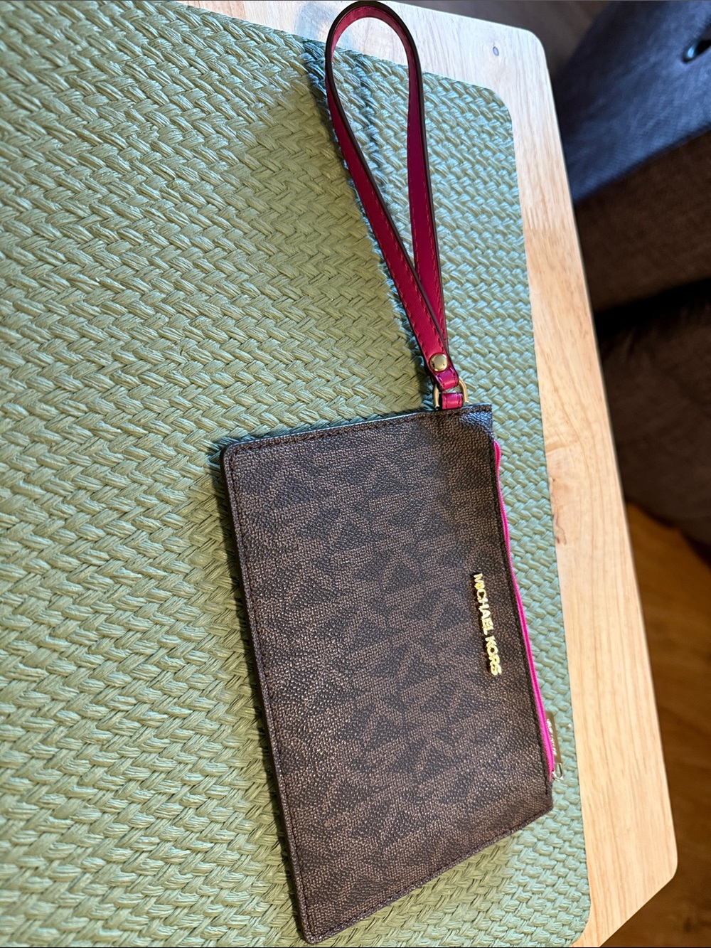 Michael Kors Brown Wristlet with Pink Strap